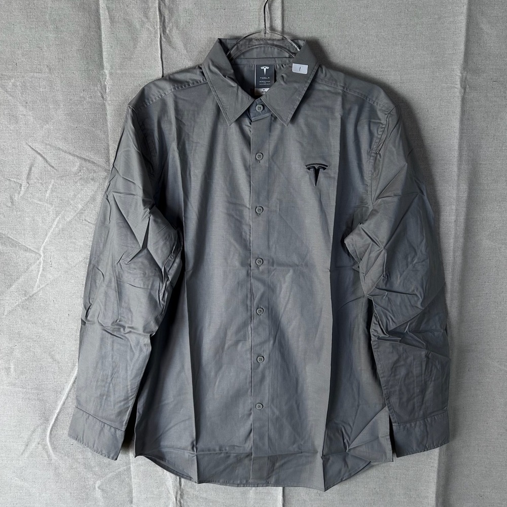 Tesla Motors Mens Grey Long Sleeve Button Down Shirt Logo Employee M TSL2982